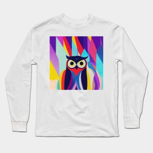 Colorful Owl Portrait Illustration - Bright Vibrant Colors Bohemian Style Feathers Psychedelic Bird Animal Rainbow Colored Art Long Sleeve T-Shirt